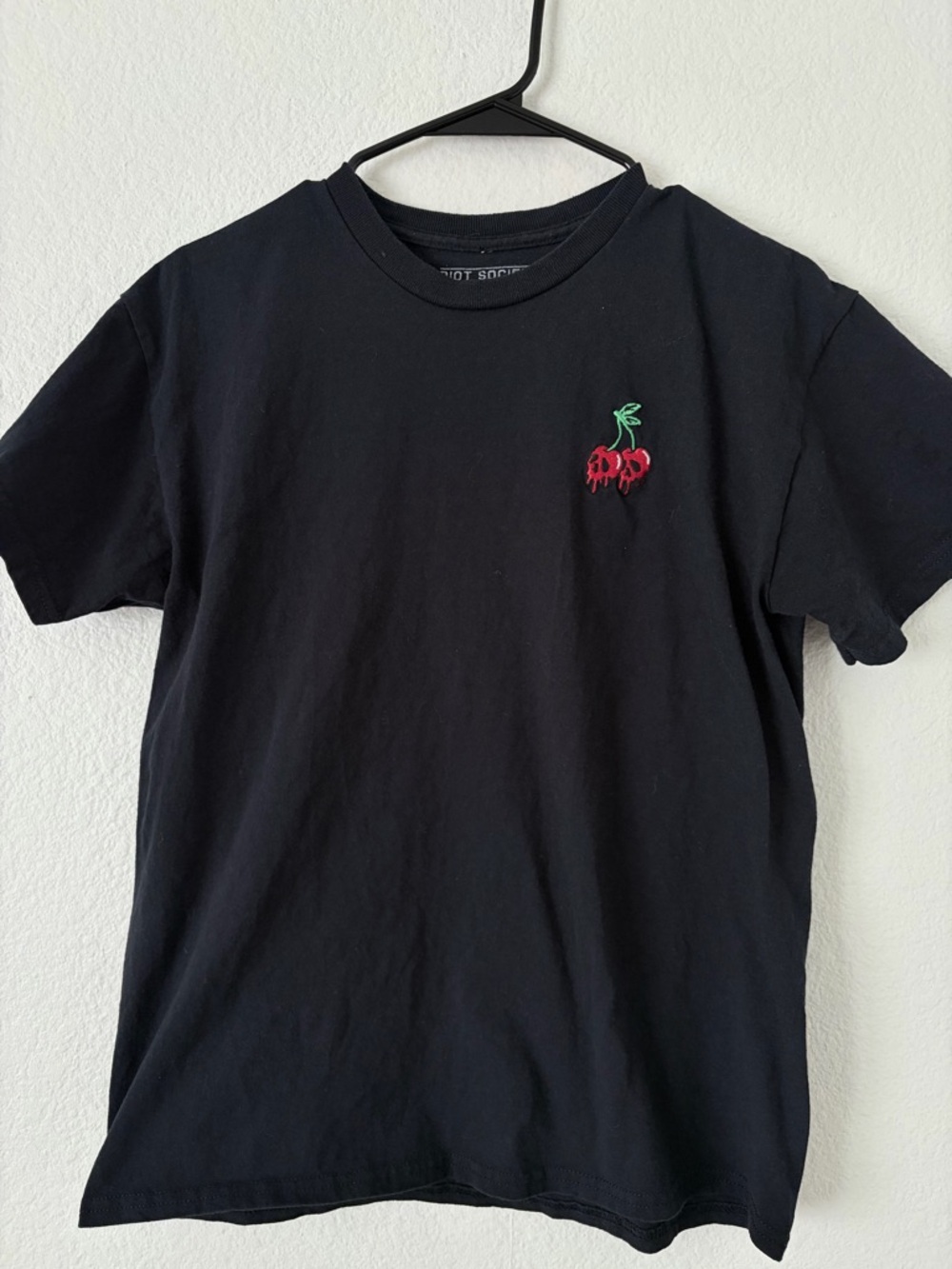riot society Black Short Sleeve Tee with Red & Green Cherry Embroidery
